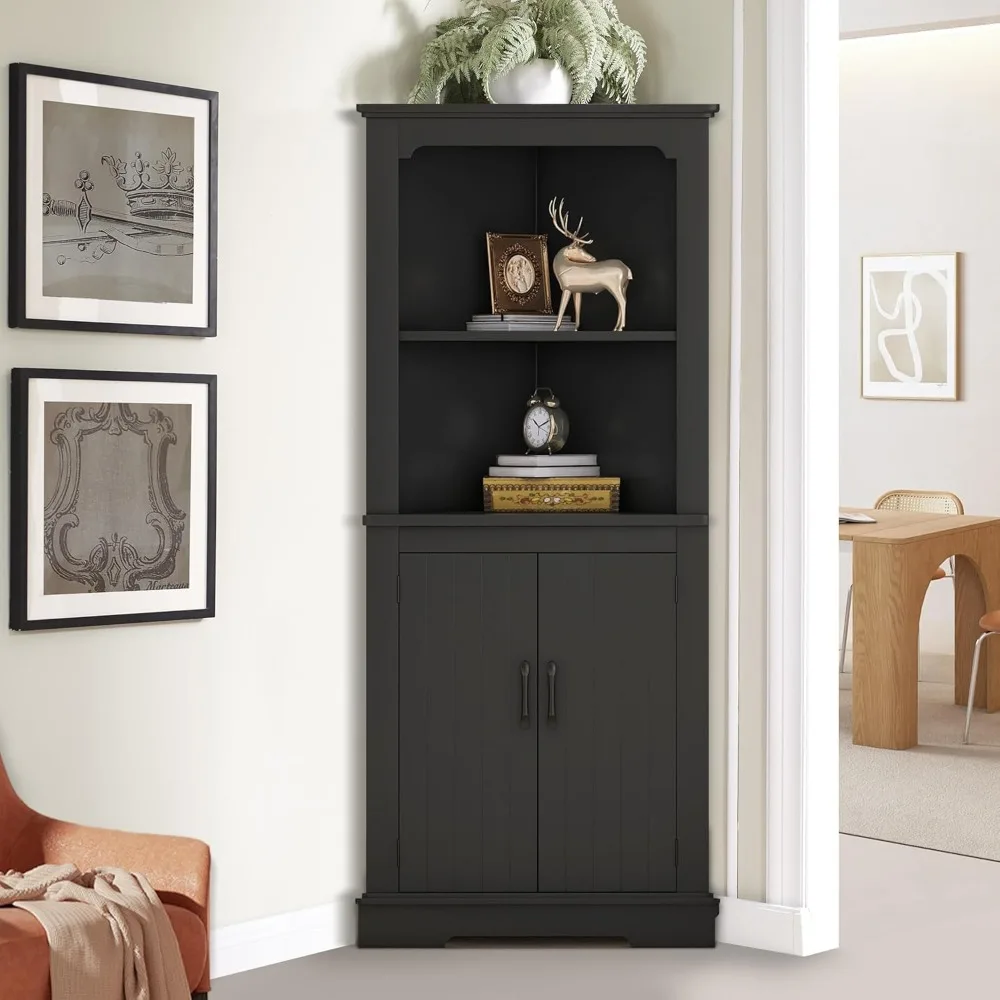 

69.3 Tall Corner Cabinet with Doors and Shelves, 5-Tier Farmhouse Shelf, Wood Corner Bookshelf with Storage Home Space Saver for