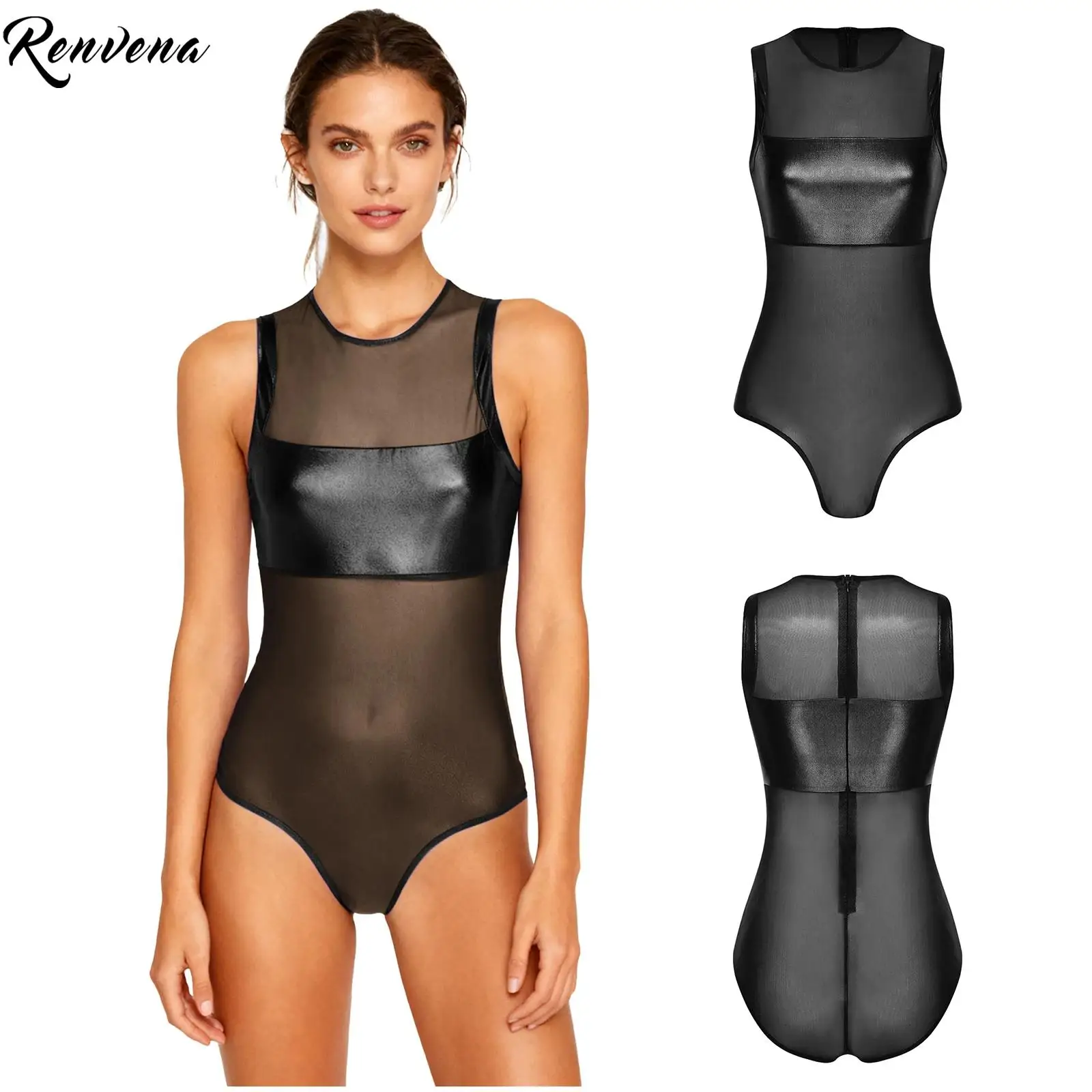 

Womens Sexy Leotard Sheer Mesh Patchwork Metallic Shiny Bodysuit Sleeveless Jumpsuit for Beach Wear Clubwear Party Pole Dancing