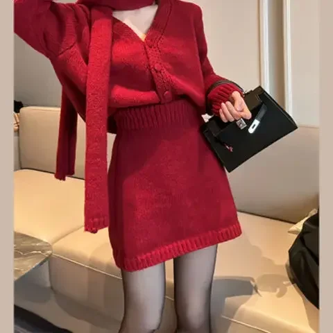 

New red knitted sweater dress, children's early spring 2024 new small suit, autumn and winter 2 piece sets womens outfits