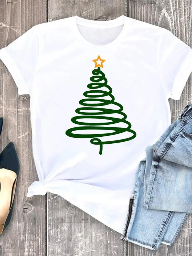 

Star Tree 90s Style Cute Women Clothes Print O-neck New Year Graphic T-shirt Lady Casual Female Christmas Fashion Shirt Tee