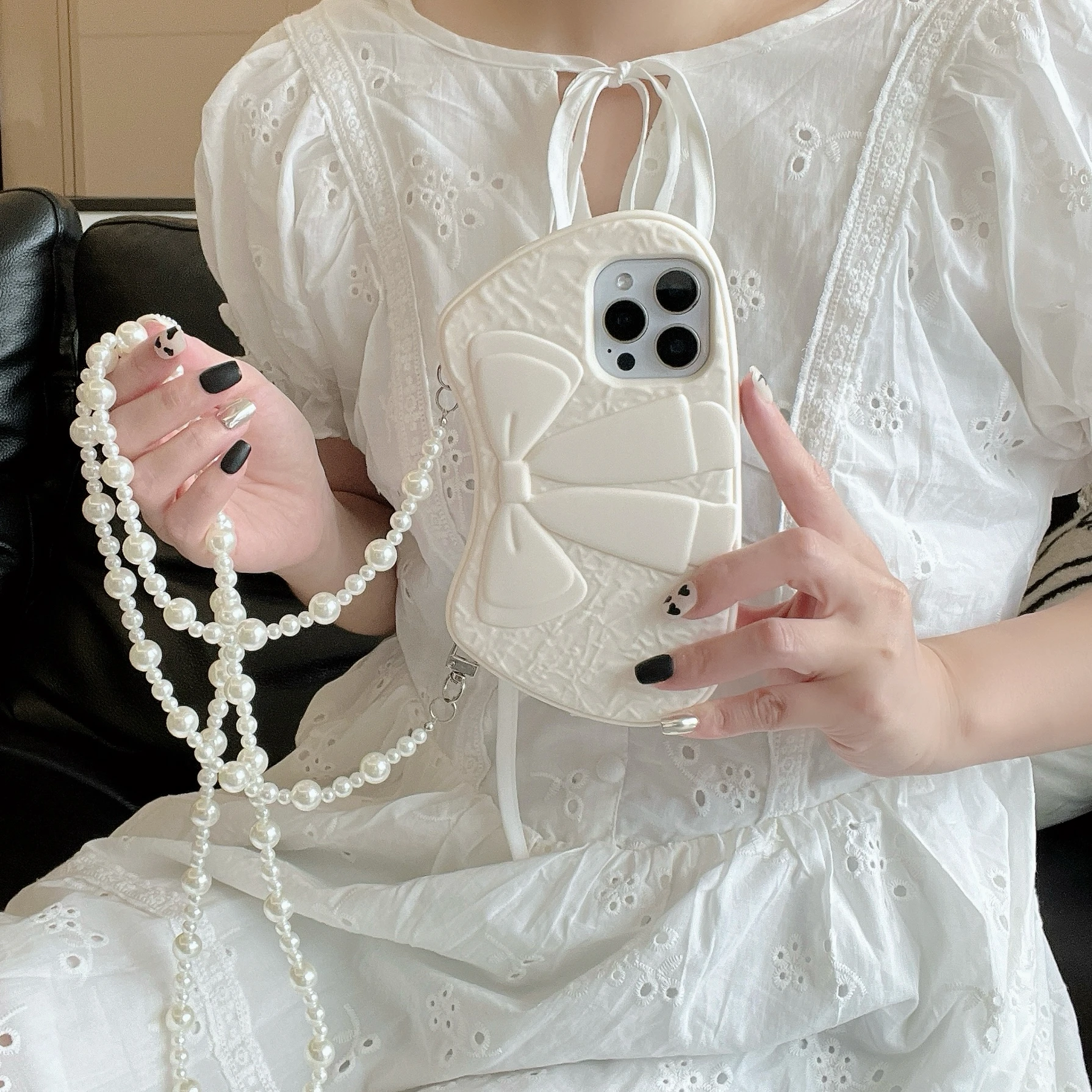 

New 3D White Big Bowknot with Long Crossbody Pearl Lanyard Soft Silicone Phone Case for iPhone 12/13/14/15/16 pro Max Back Cover