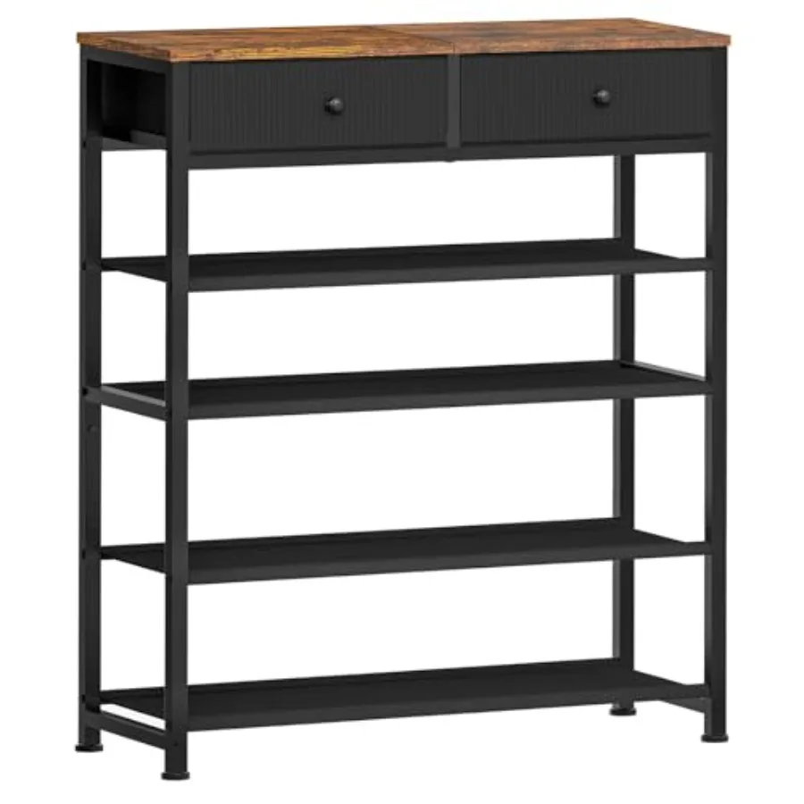 

5 Tier Shoe Rack with 2 Drawers Metal Shoe Storage Organizer for 12-16 Pairs Oxford Fabric Shelves and Wooden Top Black for Clo
