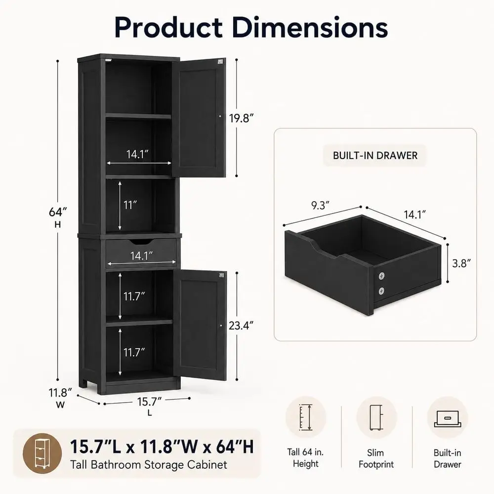 Tall Bathroom Storage Cabinet with reestanding Adjustable Shelves, Narrow Storage Linen Cabinet with 2 Doand 1 Der or Bathroom,