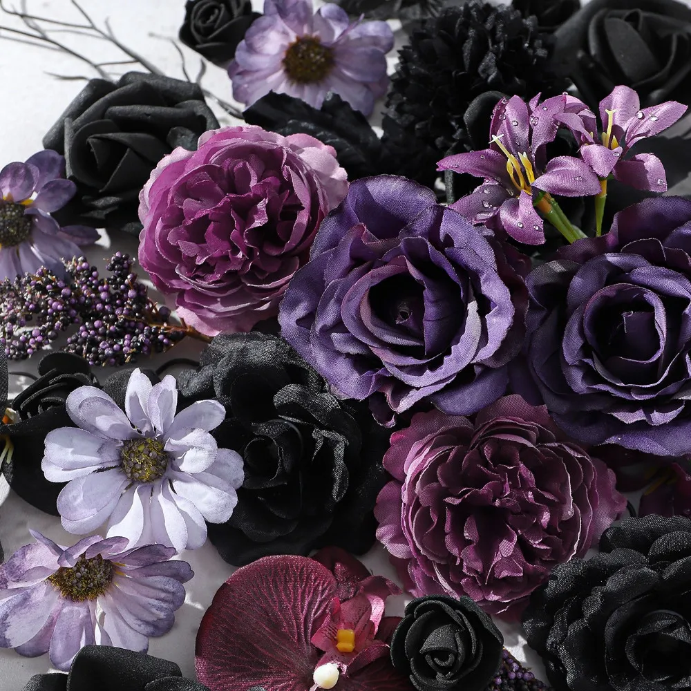 25 Stück Schwarz-Lila Künstliche Blumenköpfe Rose Orchidee Gänseblümchen für Halloween Tischdekoration Dunkle Hochzeit Gothic Dekor Vasen-Accessoire – Detail 5