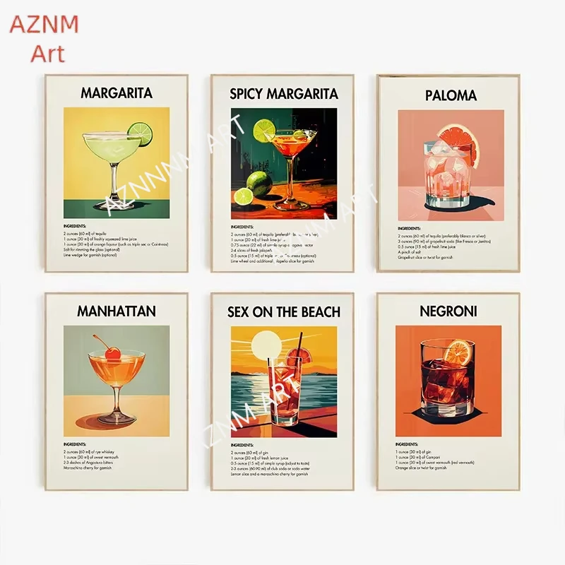 Französischer Retro-Cocktail Manhattan Pina Colada Whiskey Margarita Poster Druck Wandkunst Bilder Leinwand Gemälde Raumdekoration