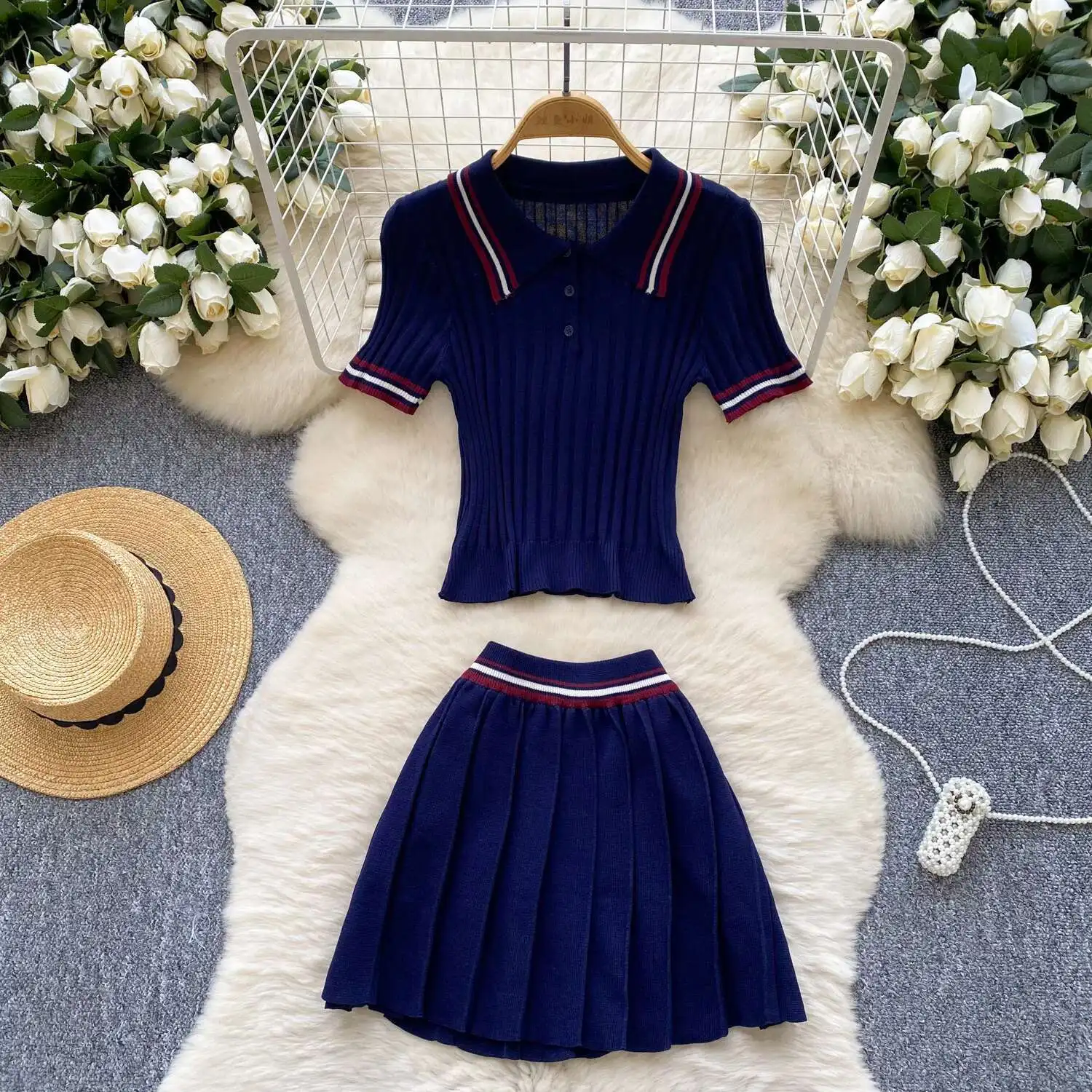 

New Korean College Style Knit 2pcs Suit Polo Neck Short Sleeve Tops+Pleated Skirt Women Summer Color Block Vintage Set