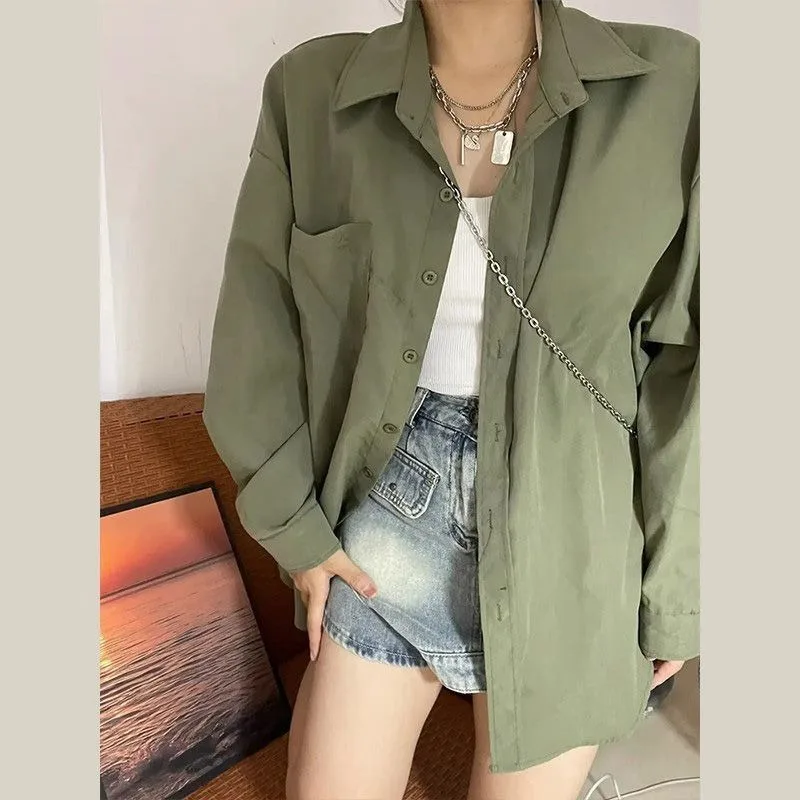 Deeptown Harajuku Green Basic Women Shirts Long Sleeve Blouse Vintage Japanese Fashion Oversized Streetwear Summer Korean Style