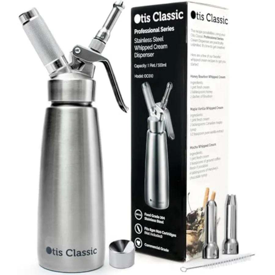 

Диспенсер для взбитых сливок Otis Classic из нержавеющей стали 304, 500 мл, с 3 насадками для украшения - коммерческое качество, изготовлен из пищевой стали.