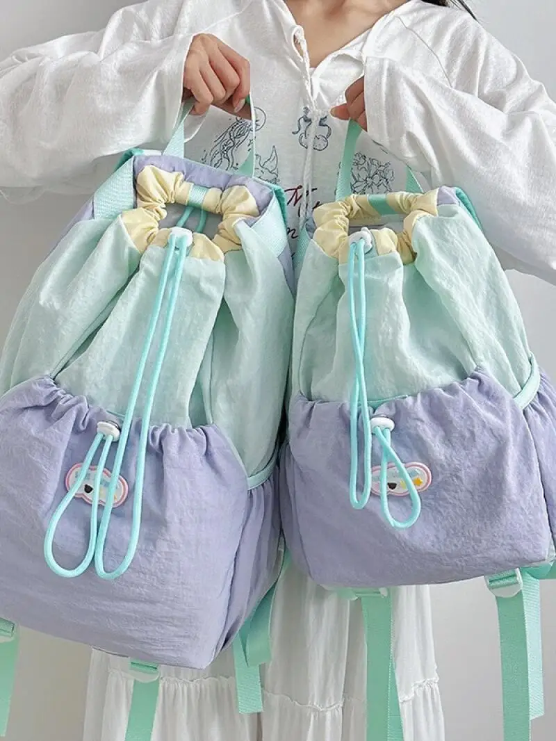 Women's Backpack with Taro Purple, Mint Green Drawstring and Drawstring, Pleated Lightweight Fabric, Best Friend Style, Fresh Ca
