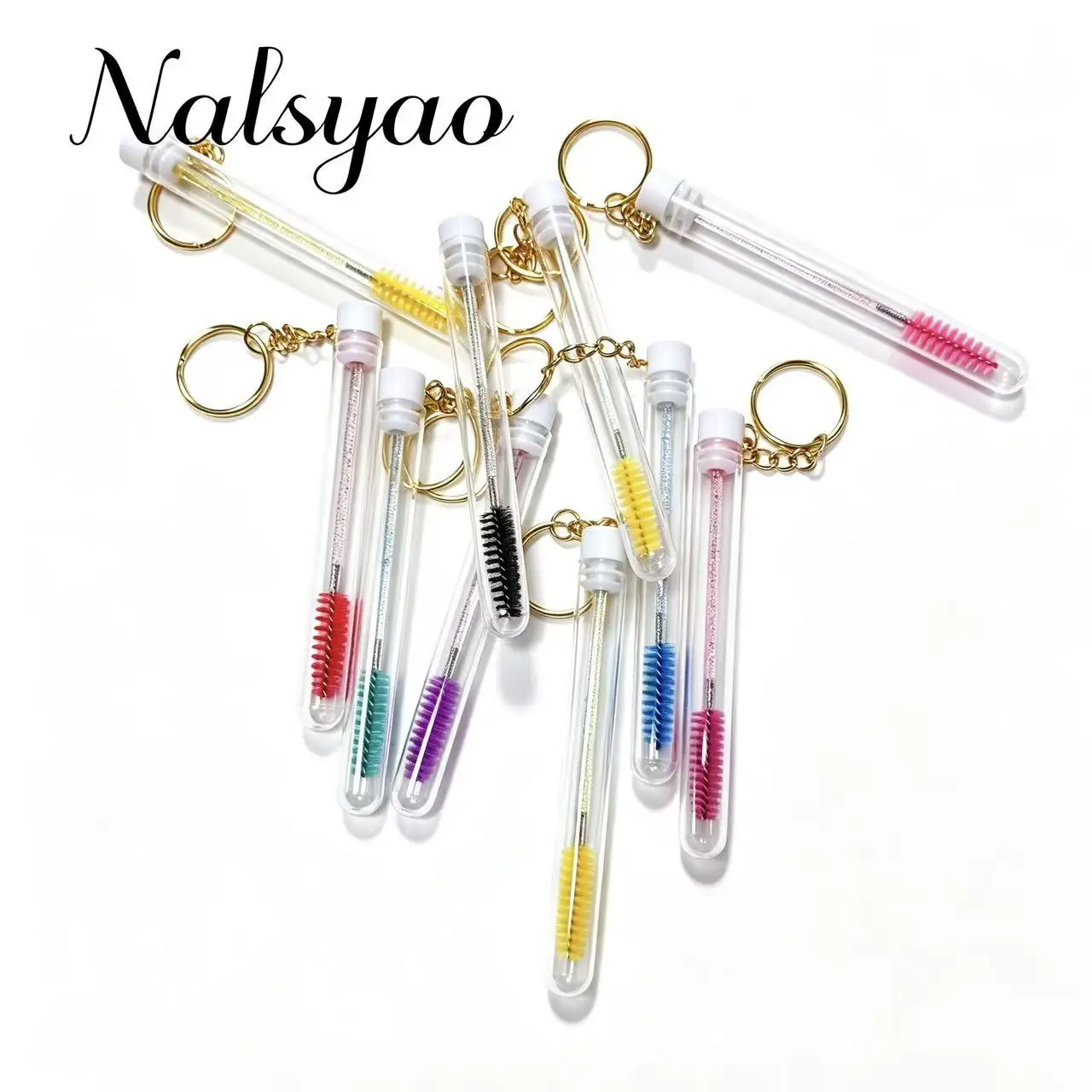 10 Pcs Tube Eyelash Brush with Gold Keychain Glitter Mascara Wand for Women Lash Extension Micro Comb Container Makeup Tool