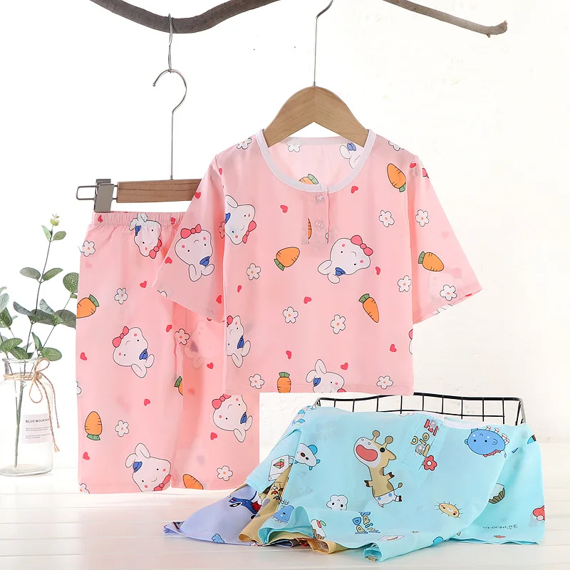 2023 New Children\'s Summer Pajamas Boys Girls Cotton Silk Three-quarter sleeve Suit Baby Thin Section Clothes Kids Home Clothe