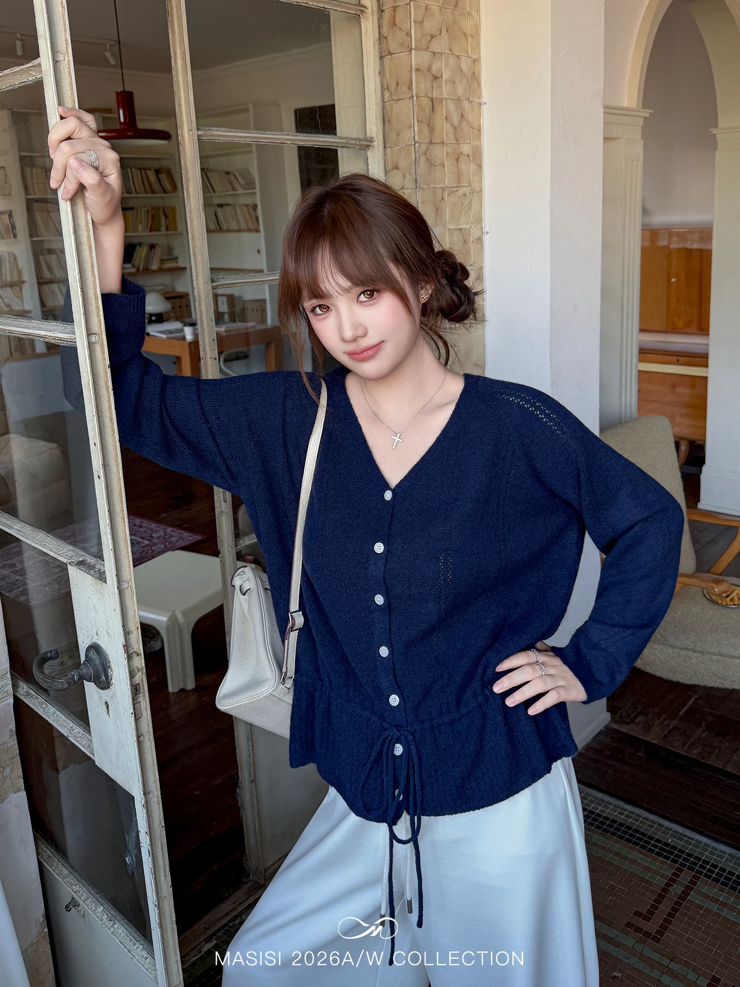 plus Size Women's V-Neck Knitwear Drawstring Waist Long Sleeve Loose Belly Covering Slimming Top Casual Style Autumn Wear