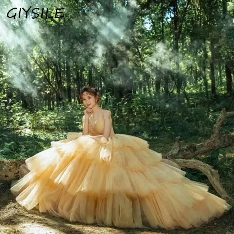 GIYSILE Light Wedding Dresses Outdoor Theme Wedding Dress Fluffy Elegant Colorful Yarn Sexy Bra Host Dress Boho Wedding Dress