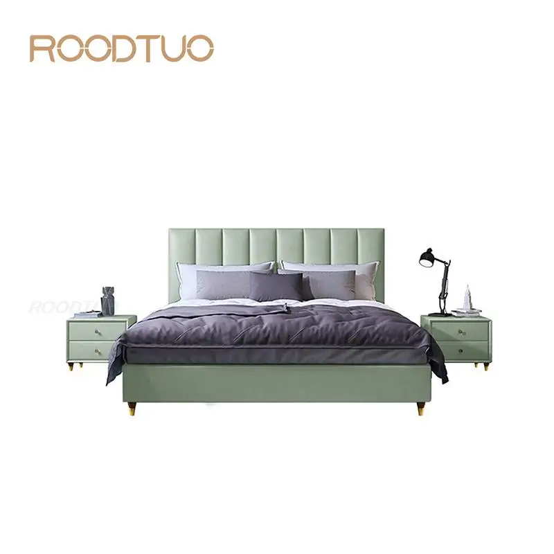 Designer Leather Bed Light Green Full/Queen/King Size Bedroom Furniture With Beside Tables Home Bed Bedroom Furniture