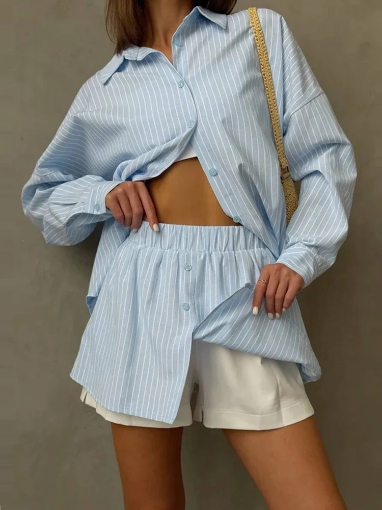 Women's Elegant Single Breasted Lapel Shirt And Shorts Outfit Casual Striped Print Streetwear Set Spring Autumn Long Sleeve Suit