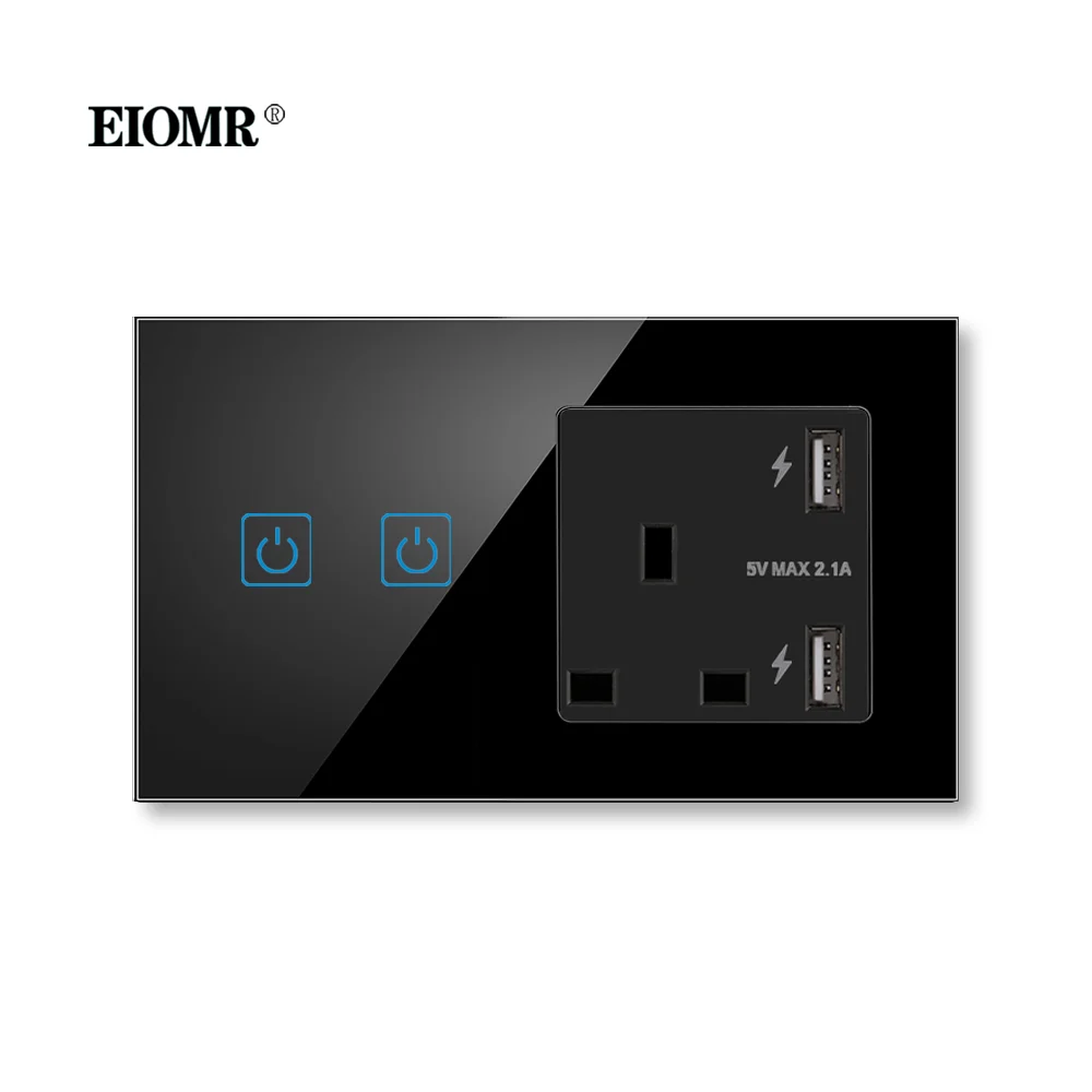 EIOMR Touch Light Switch Sensor 13A UK Wall USB Power Socket Led Sensor Switches 1/2/3Gang 1Way Crystal Glass Panel Backlight