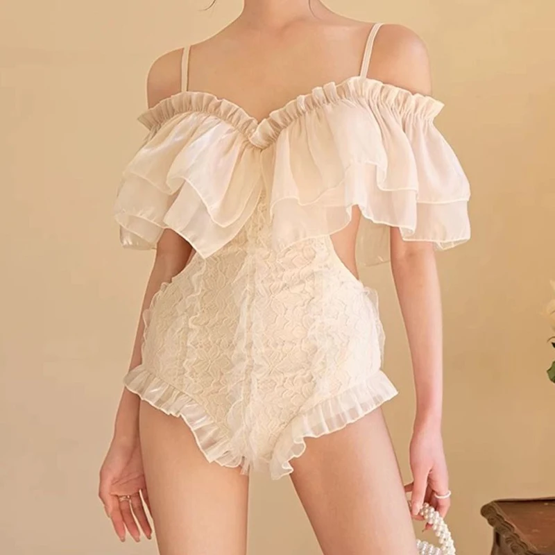Vintage Ruffles One Piece Swimsuit Women Hollow Out Off Shoulder V Neck Suspender Swimwear Rompers 2025 New Sexy Bathing Suit