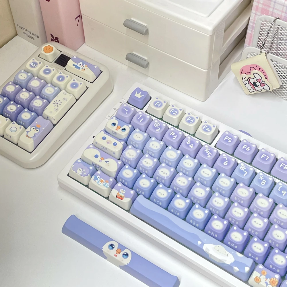 MAO Profile Penguin Valley Theme Mechanical Keyboard Keycaps PBT Material 142 Keys Cute Cat Head Design Keycap Purple Key Cap