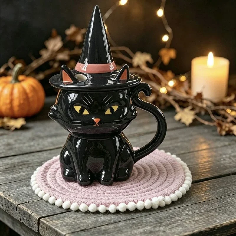 Ceramic Black Cat Mug Witch Hat Lid Coffee Cup Cute Halloween Tea Water Drinkware Home Dorm Party Gift for Women Cat Lovers