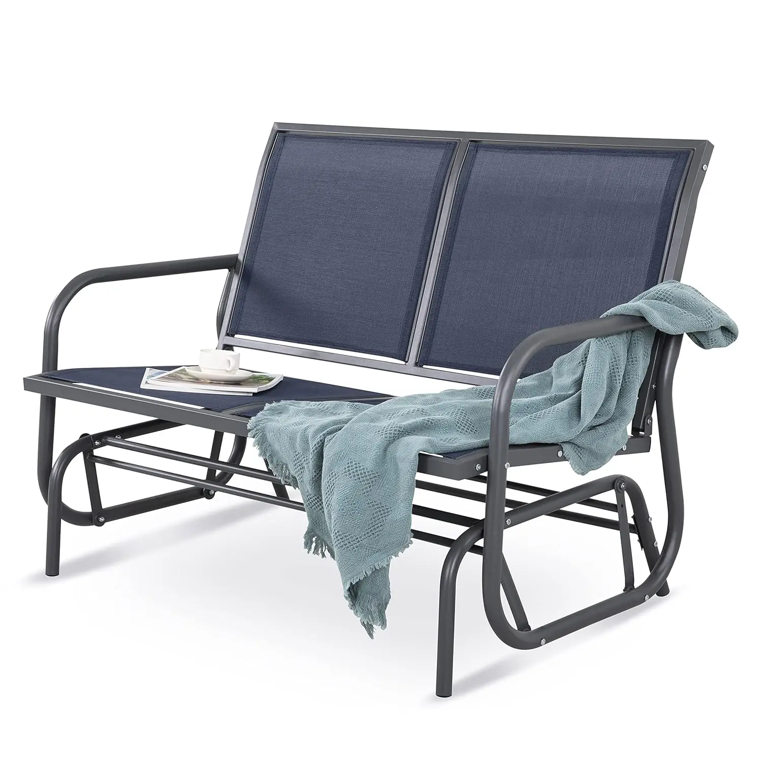 

2 Person Patio Glider Bench Swing Rocking Loveseat w/ Steel Frame & Breathable Fabric,Blue,Customized