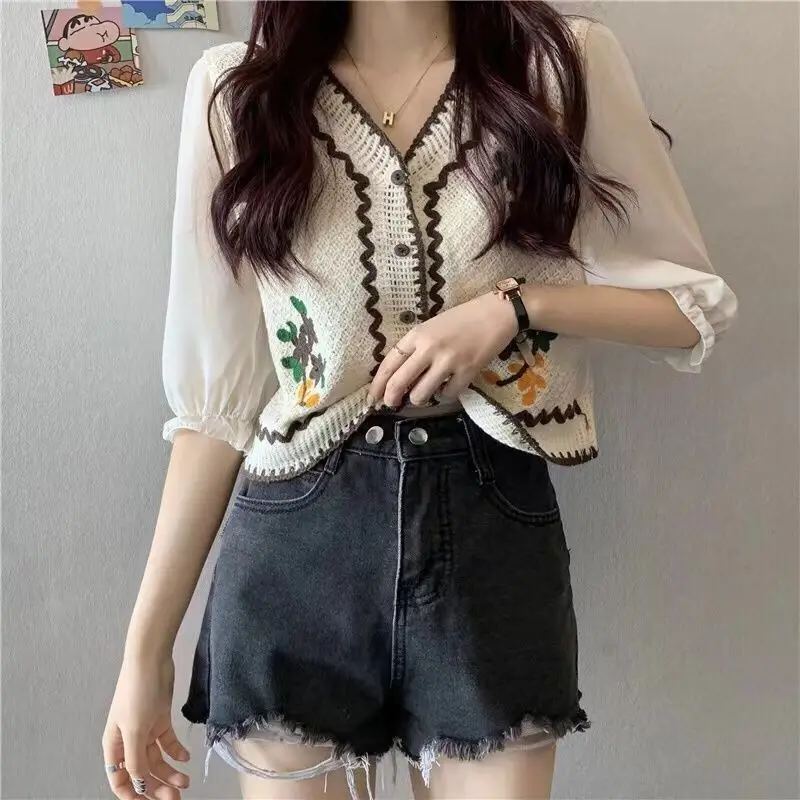 

Новый женский короткий топ с v-образным вырезом и вышивкой, тонкий вязаный кардиган