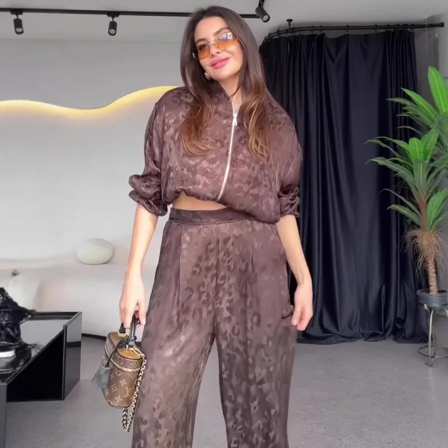 

Spring Casual Leopard Print Pant Suit Women Long Sleeves Zipper Coat+high Waist Loose Wide-leg Pants Autumn Female Two Piece Set