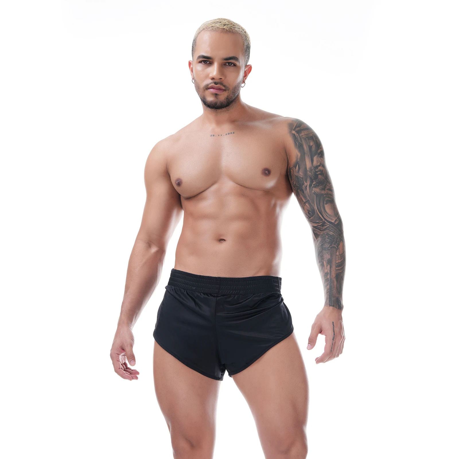 Aro Pants Glossy Satin Men Split Side Boxer Shorts Sexy Underwear Loungewear Inner Jockstrap Mesh Pouch Sleep Bottoms
