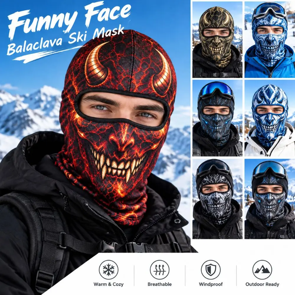 3D Printed Skull Demon Print Funny Ski Mask Breathable Eye Hole Quick Dry Ski Mask Hood Sweat Absorbent Windproof