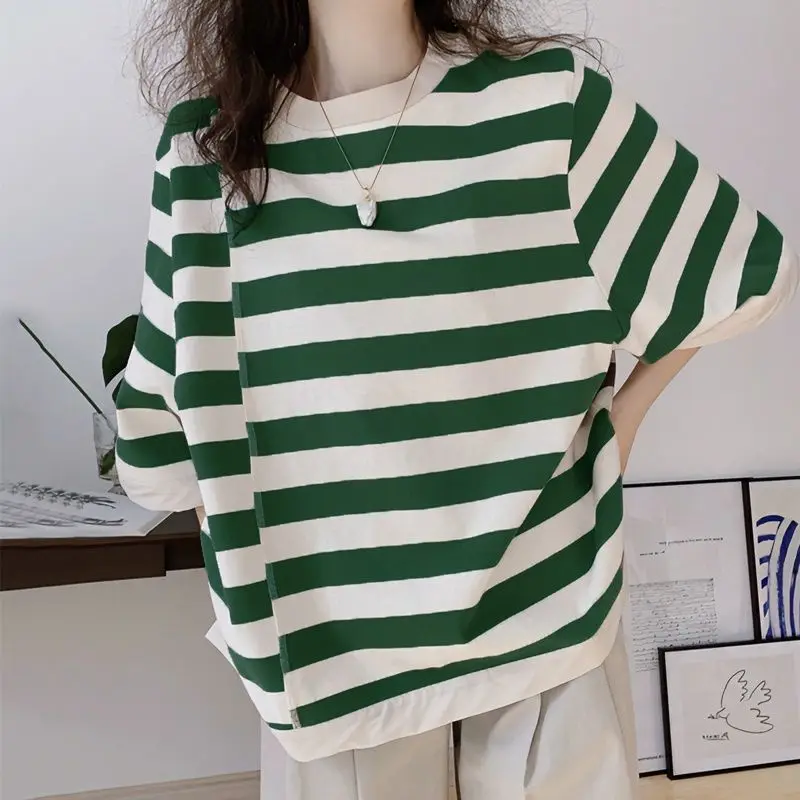 

round Neck Loose Five Quarter Sleeve Striped T-shirt For Women, Summer 2025 New Casual Wide Version Top