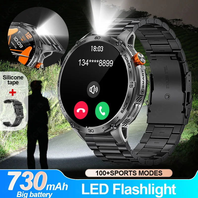 

LIGE New Smart Watch Men 730mAh Large Battery Flashlight AMOLED HD Display 3ATM Waterproof Outdoor Sports Military Smartwatch