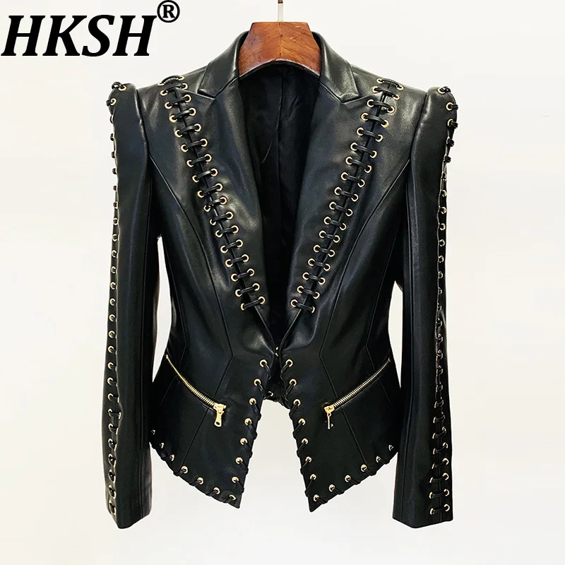 HKSH Women Trend Jacket Turn-down Collar Lace-Up Waist Cinching Slim Fit Dark Punk Streetwear Fashion Coat Spring Autumn HK10613