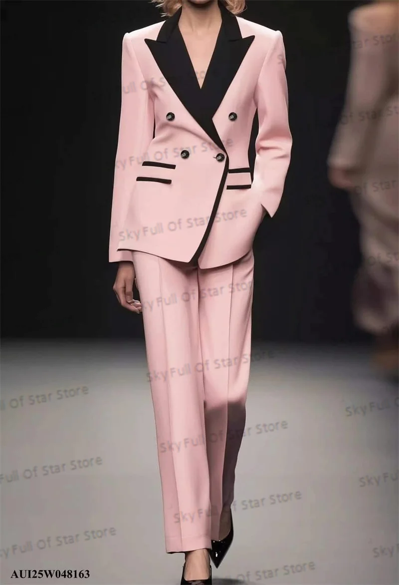 Catwalk Pink Women Suit Set 2 Pcs Blazer+Pants Trousers Black Lapel Formal Office Lady Jacket Wedding Prom Coat Customized