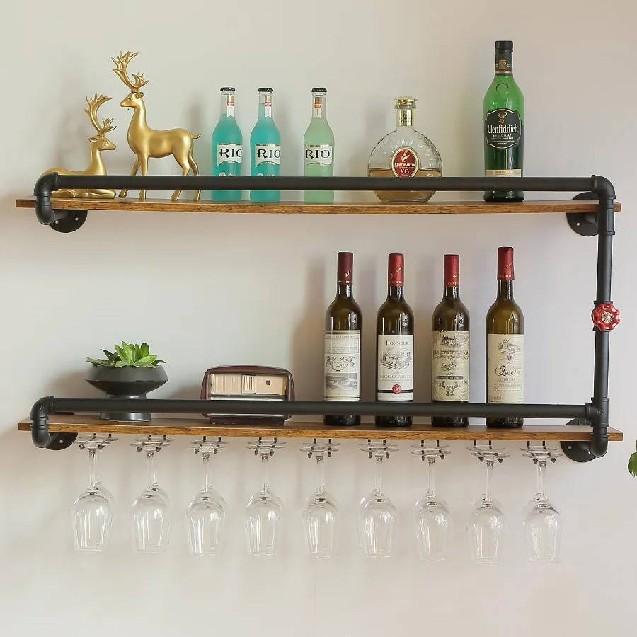 

41 Inch Wine Rack Wall Mounted 2 Tier Hanging Floating Bar Liquor Shelves with Glass Holder Storage Under Industrial Rustic Pip