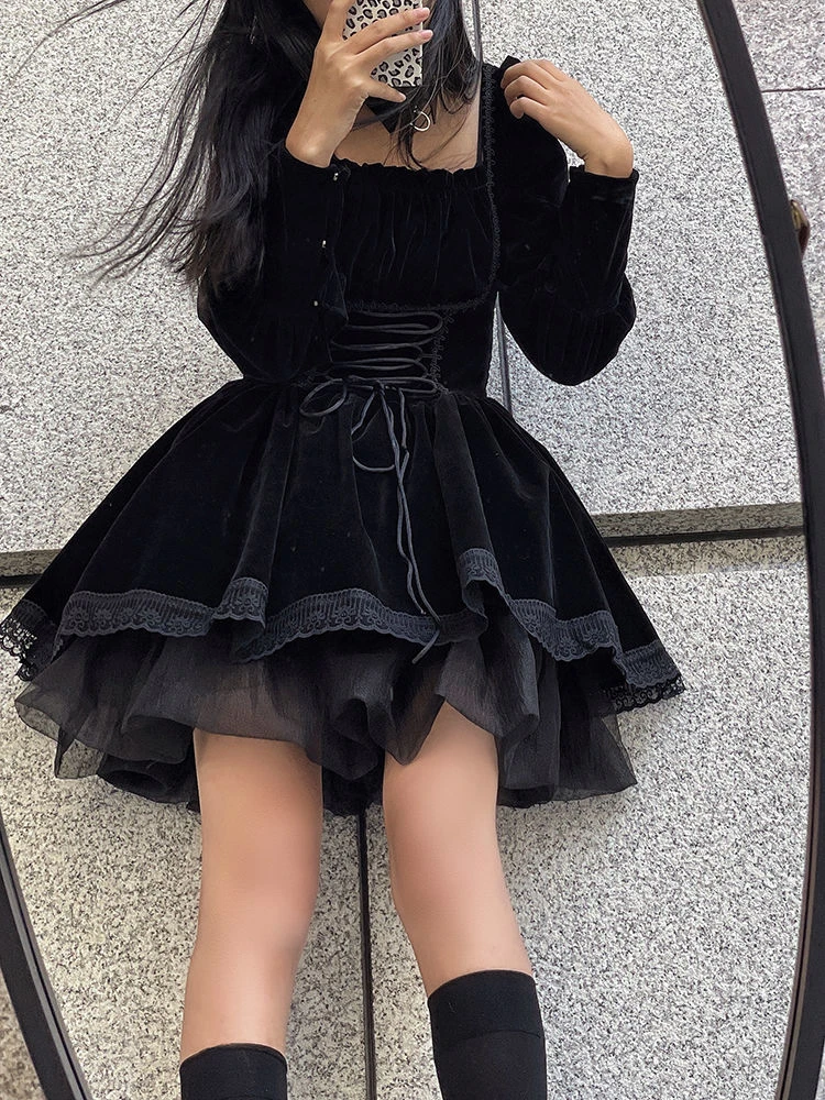 Robe en velours Lolita pour femme, col carré, manches bouffantes, streetwear, patchwork de dentelle, bandage noir, vintage, gothique, Harajuku