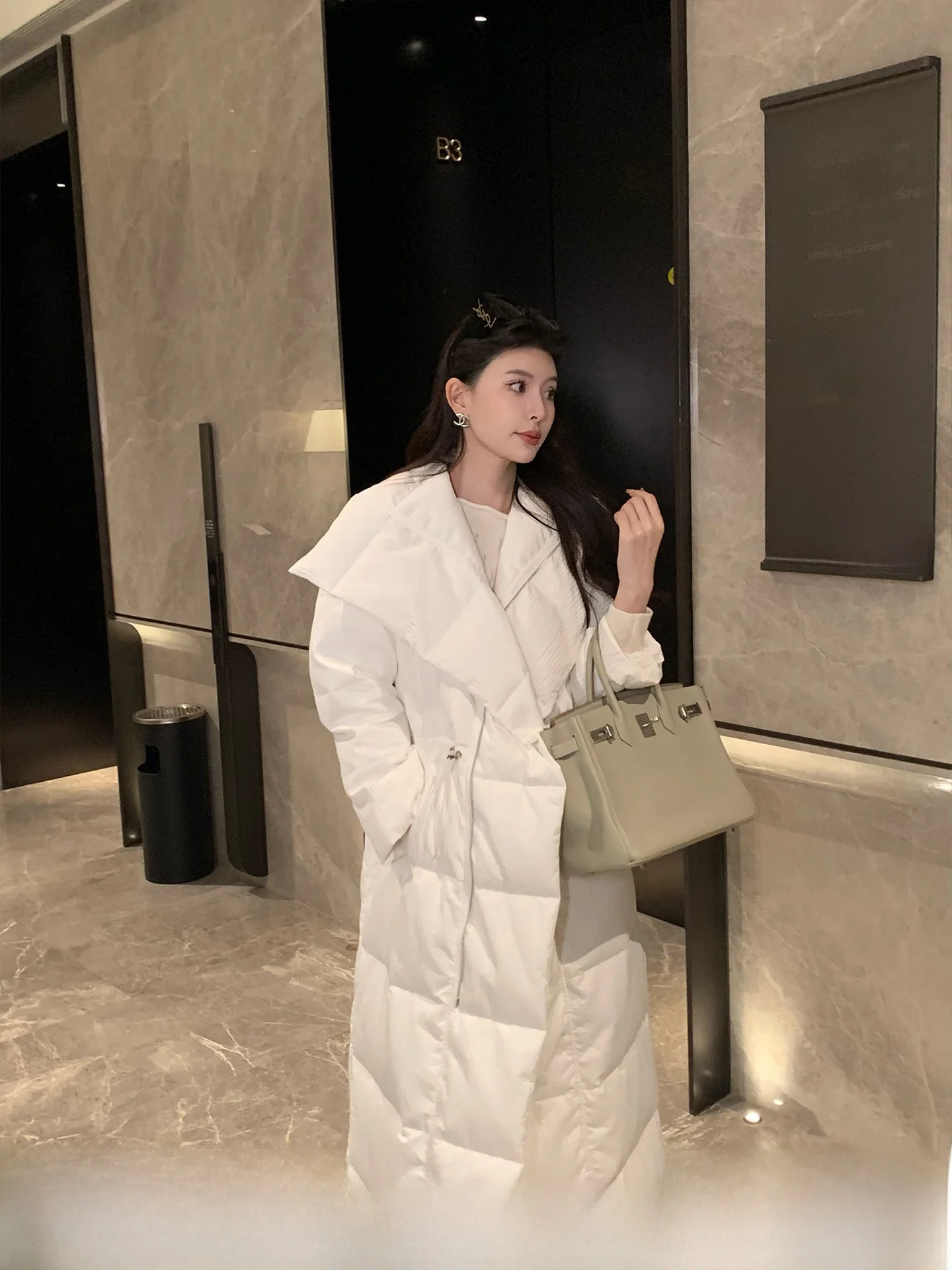 

Ele White Mid-Length down Jaet Women's Waist-Cinching Coat with Large Collar KingUsefulNatual Du Feather Polyester Fiber