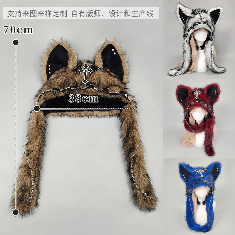 Goth Headwear Accessories Punk Rock Plush Hat Cat Ears Hats Winter Keep Warm Ear Protection Cap Soft Windproof subculture Gorros
