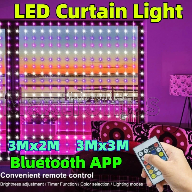 3*2 メートル/3*3 メートル Bluetooth カーテンライト RGB カラフルなリモコン防水寝室リビングルームクリスマスライト LED 妖精ランプ