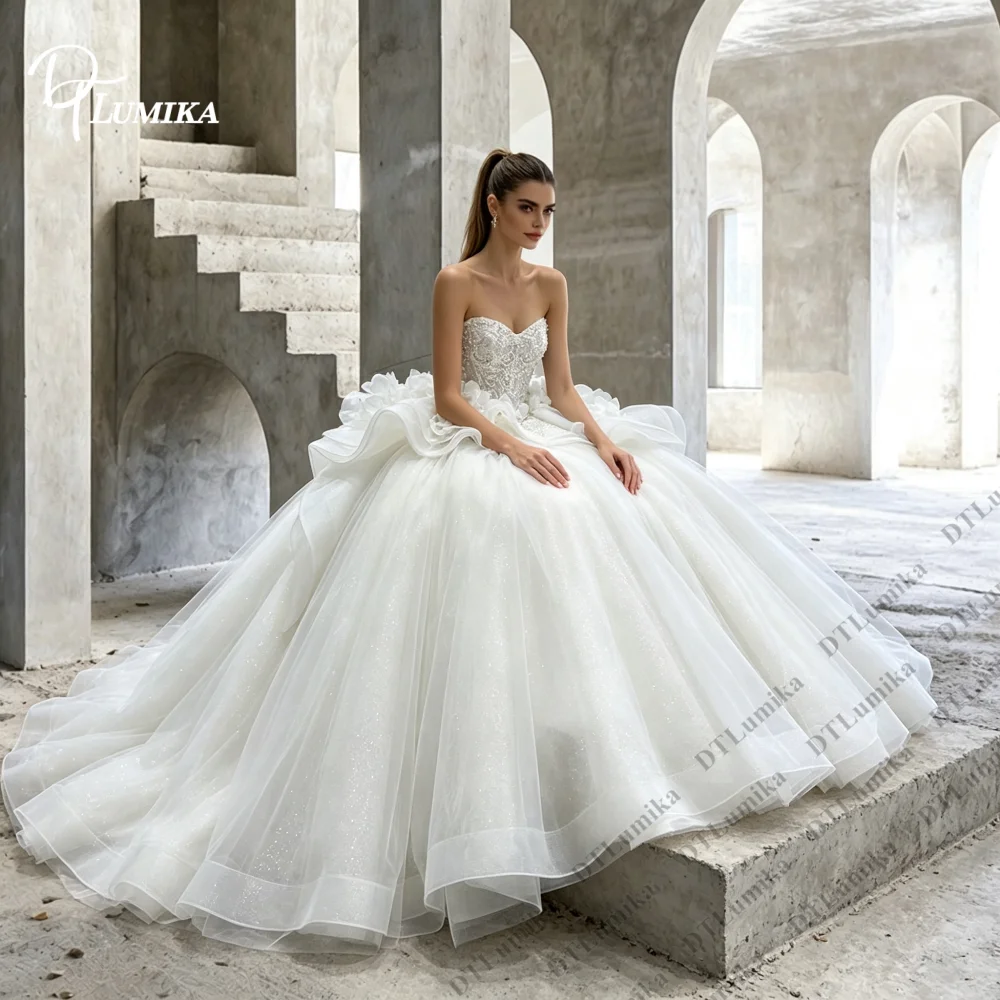 Sweetheart Neck Wedding Dress Ruffled Layered Bridal Gown Floor Length Sparkly Puffy Dress for Bride Wedding Ceremony Reception