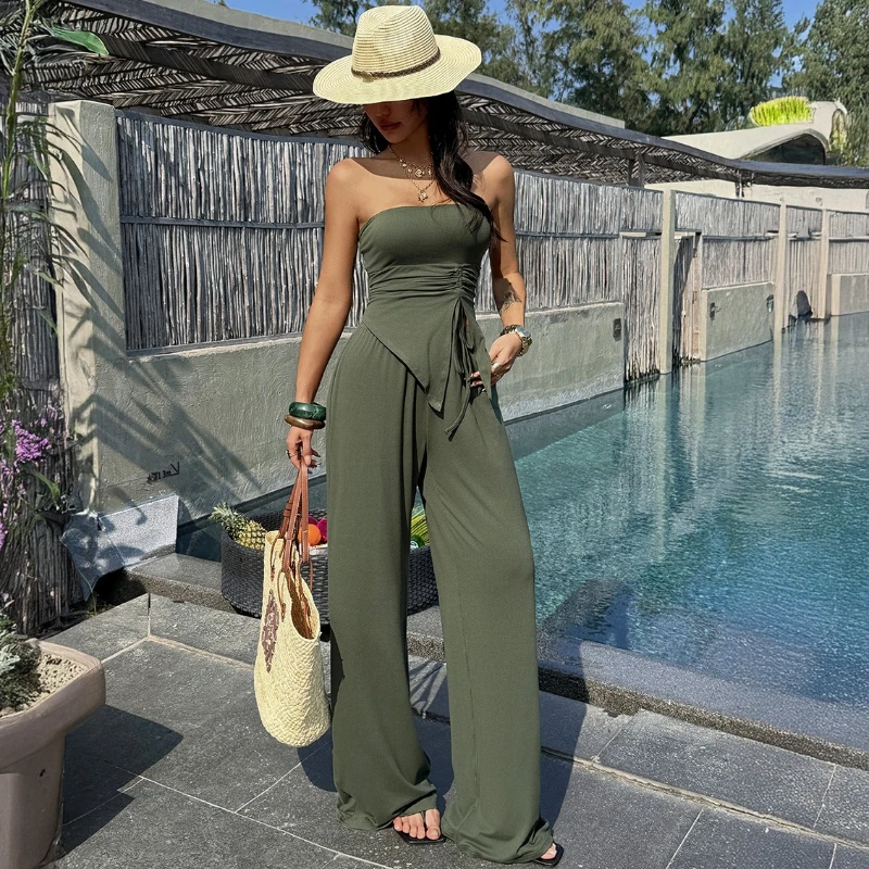 

Tsiisd Casual Vacation 2 Piece-Set Trousers Sets Women Strapless Ruched Crop Top And Casual Pants Sets Female Outfits 2026 New