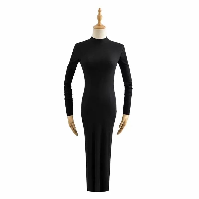 Women's Dress Kintted Long-Sleeved Lady New Sexy Round Neck Solid Stretch Long Dresses for Women Slit Female Midi Party Robe y2k