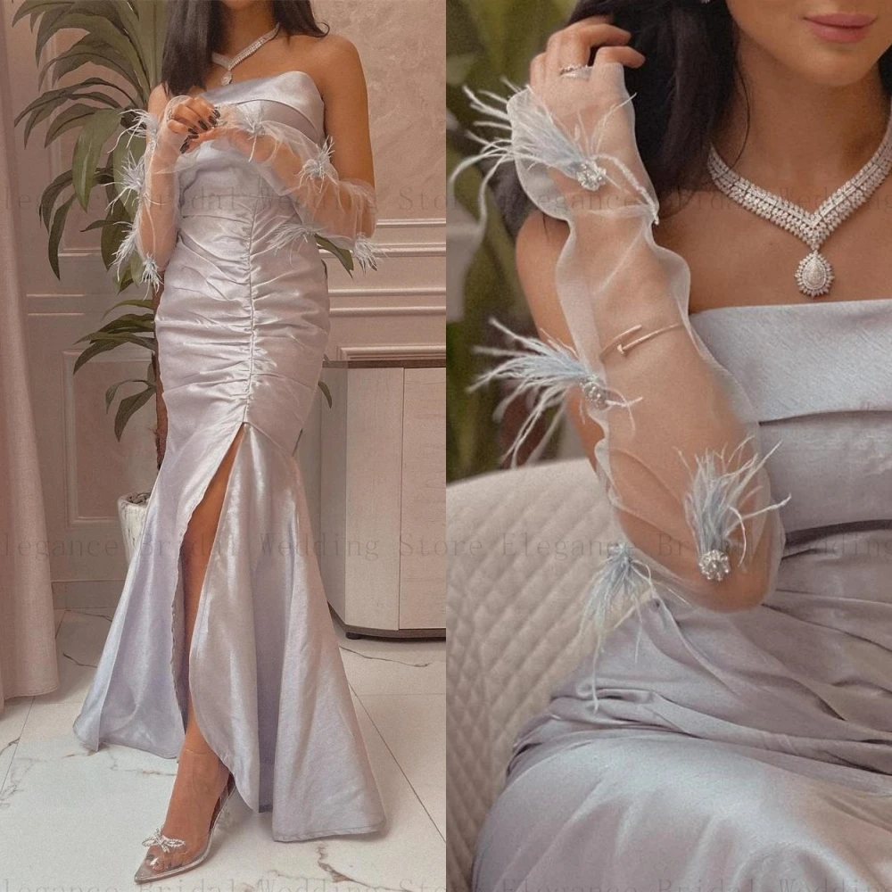 

Saudi Style Solid Satin Mermaid Prom Dresses for Musilm Ankle-Length Strapless Sheath Formal Dress with Split فستان سهرة نسائي