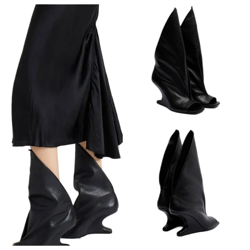 European and American Niche Design Unique Slanted Heel Sexy Exposed Toe V-mouth Summer Cool Boots for Women\'s Sleeve Calf Boots