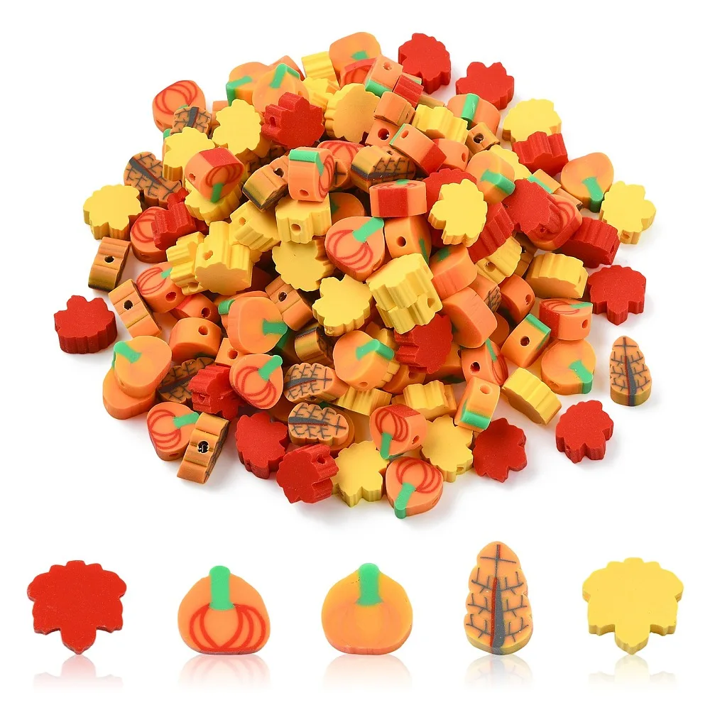 200x Autumn Fall Polymer Clay Beads Pumpkin Maple Leaf Tree Shape Spacer Beads for Bracelet Necklace Thanksgiving Jewelry Making