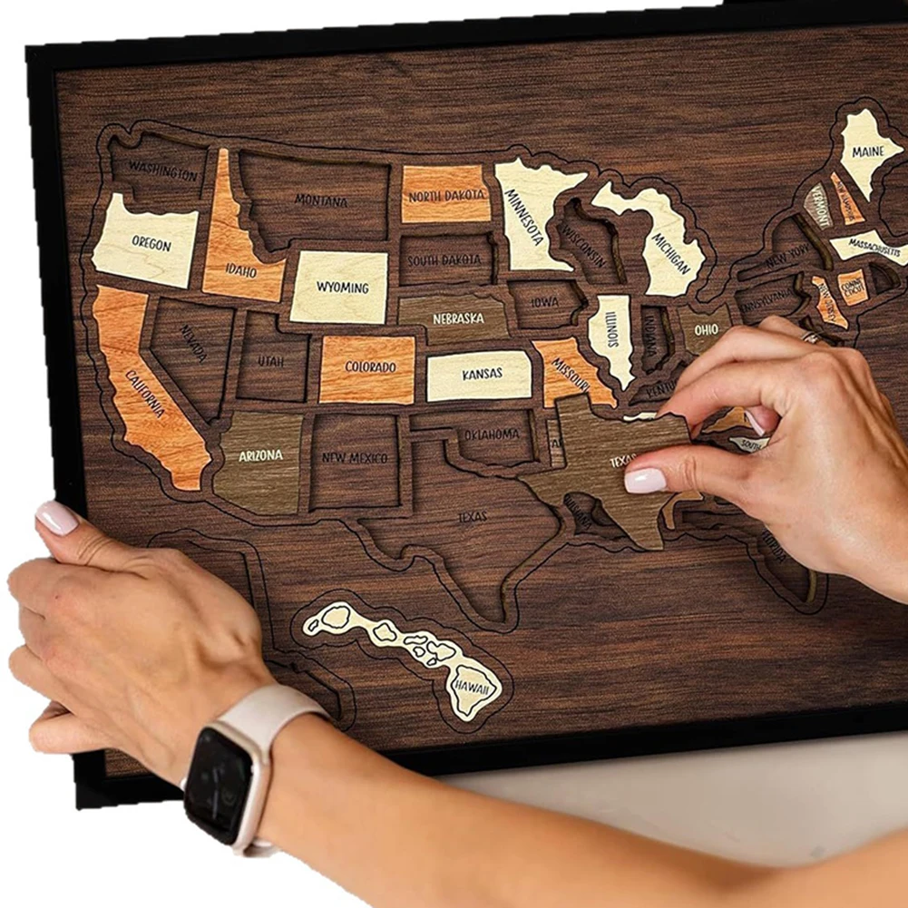 US Travel Map Wooden Puzzle 13x11in Size Multicolored Design for Documenting Family Vacations and Personal Explorations