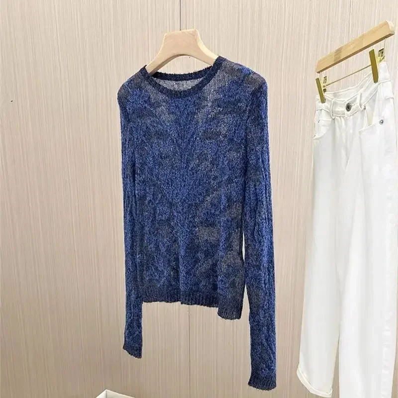 High Quality Hollow Out Flowers Jacquard Knitted Pullover Spring Summer Women Thin Sweater Luxury Long Sleeve Jumpers Tops K048