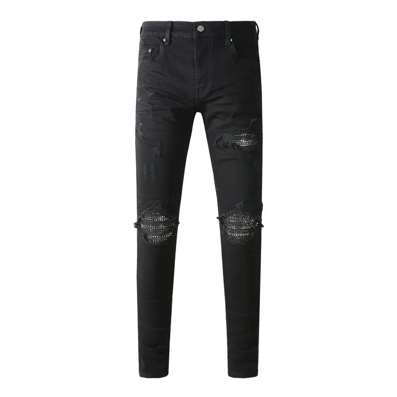 

High Street Designer High Street Fashion New Jeans Stretch Slimming Washed Black Jeans with Hole Patching Hip Hop Brand Splicing