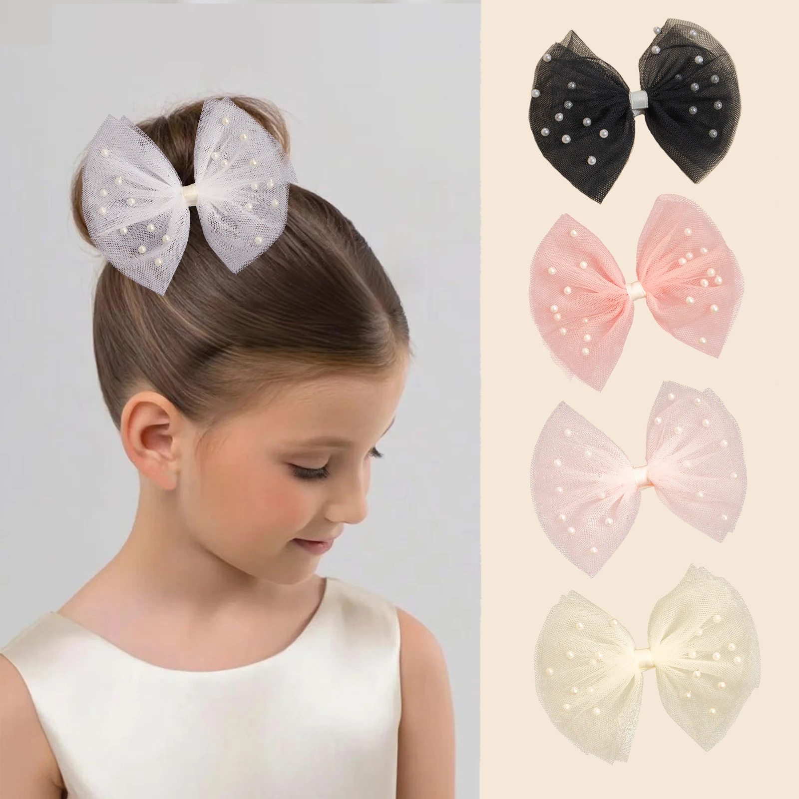 

2pcs Imitation Pearl Decor Lace Bow Hair Clips For Girls Kids Ponytail Wear Elegant Headdress Baby Photograph Hair Accessories