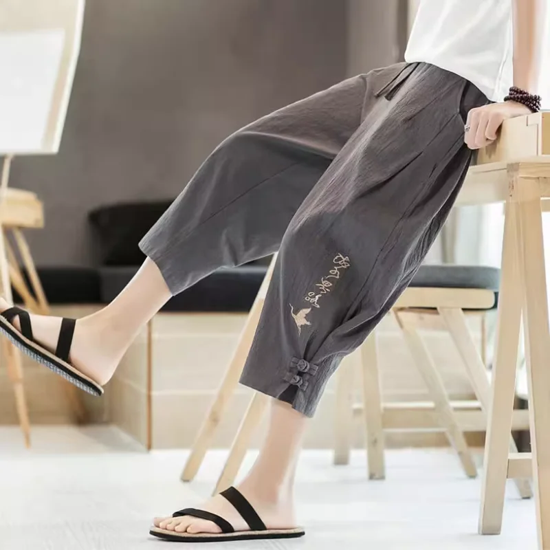 

Loose Linen Men's 7/8 Pants Summer Casual orts Trendy Beachwear Comfortable Cotton-Linen Trousers Harajuku Sle Loose Fit