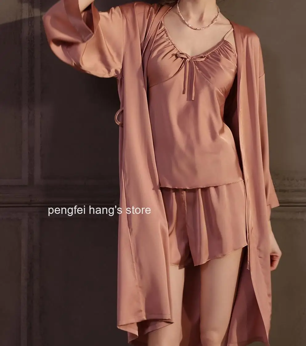 2026 Women 3 Piece Ice Silk Pajama Set Spaghetti Strap Cami Sleeveless Tank Top Shorts Soft Smooth Casual Loungewear Sleepwear