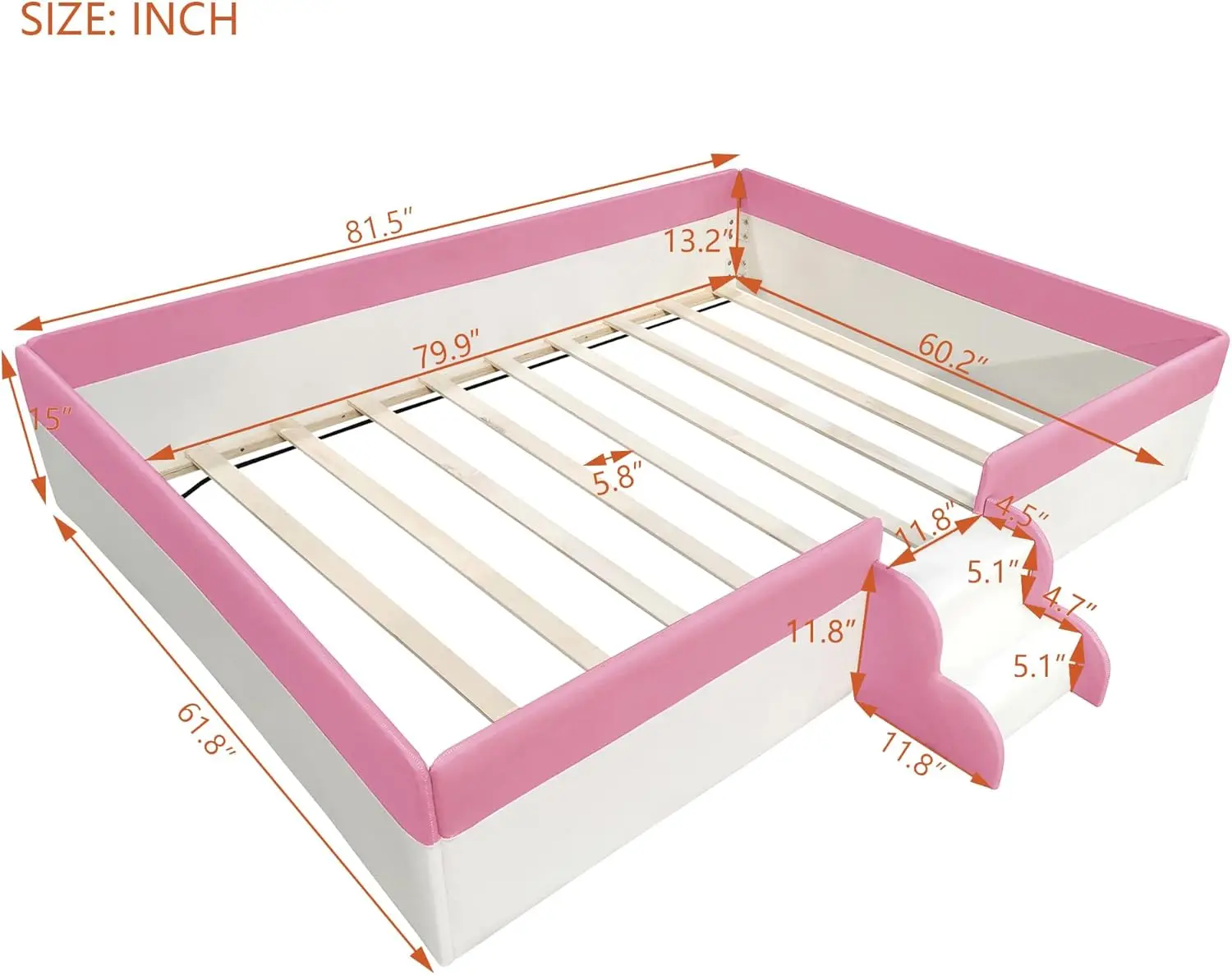 Pu Upholstered Floor Bed With Fence And Stairs, Queen Floor Bed With Slats, Montessori Floor Bed For Kids, Girls, Boys, Queen